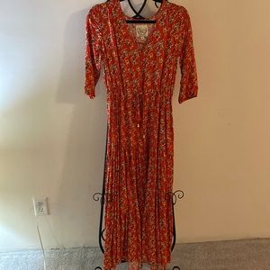 Red floral maxi dress with buttons & tie at waist